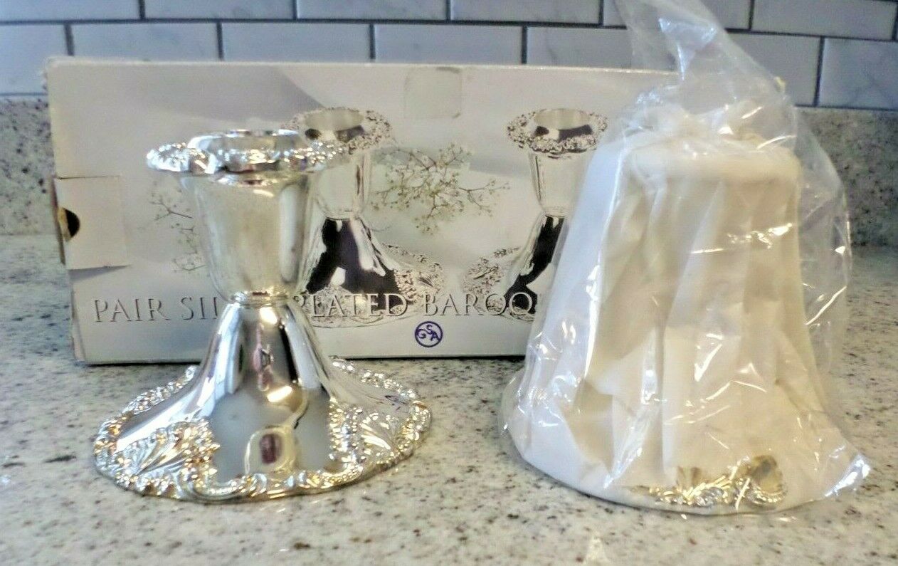 Pair Of Godinger Silverplated Baroque Concoles Candle Sticks  Nib